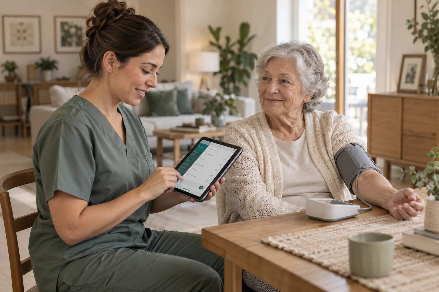Enfermera registrando un control de presión arterial en una tablet junto a una residente