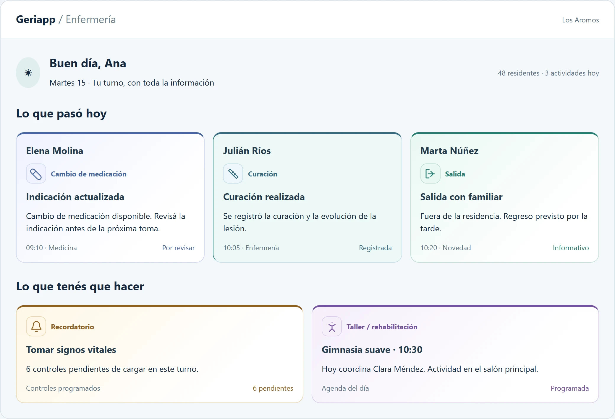 Escritorio de enfermería: cambios de medicación, curaciones, salidas, controles pendientes y actividades con datos ficticios.